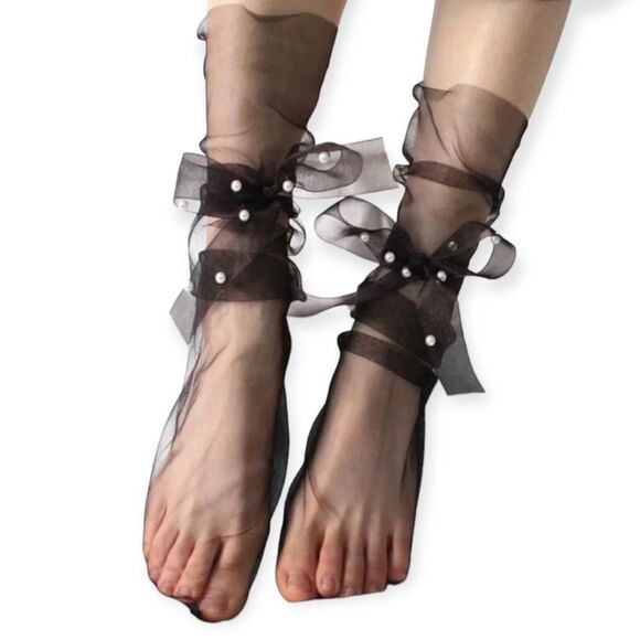 Black Sheer Pearl Beaded Wrap Stocking Anklet Socks NEW - Picture 2 of 4